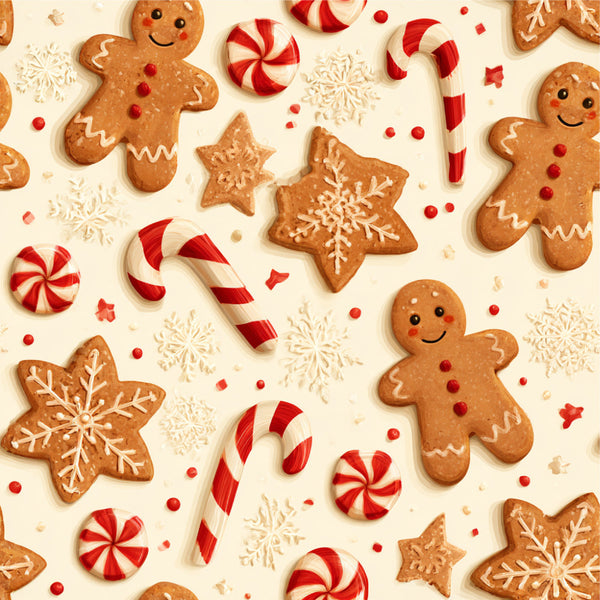 gingerbread men, peppermint candy, candy canes, snowflakes, red and white, cream, tan, gingerbread brown, holiday, christmas, festive, whimsical, playful, retro, vintage, candy theme, sweets, winter, seasonal, kids room, playroom, nursery, children's decor, cute characters, smiling faces, decorative accents, sweet treats
