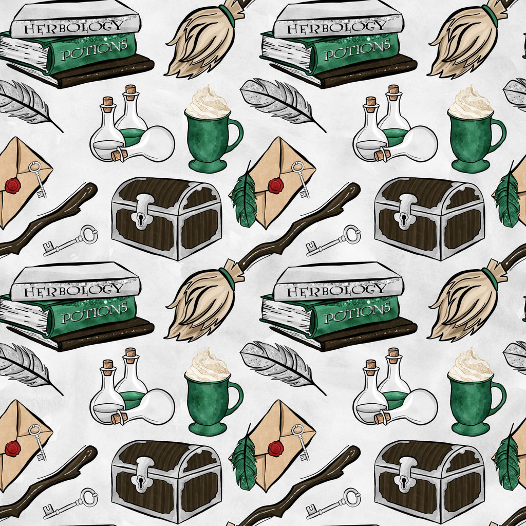 green, brown, beige, wizard pattern, magic school, herbology books, potions bottles, broomsticks, treasure chest, quill feathers, wax seal letters, cauldron mug, magical items, whimsical illustration, cartoon style,, fabric panel, wizard theme, school supplies, fantasy elements