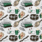 green, brown, beige, wizard pattern, magic school, herbology books, potions bottles, broomsticks, treasure chest, quill feathers, wax seal letters, cauldron mug, magical items, whimsical illustration, cartoon style,, fabric panel, wizard theme, school supplies, fantasy elements