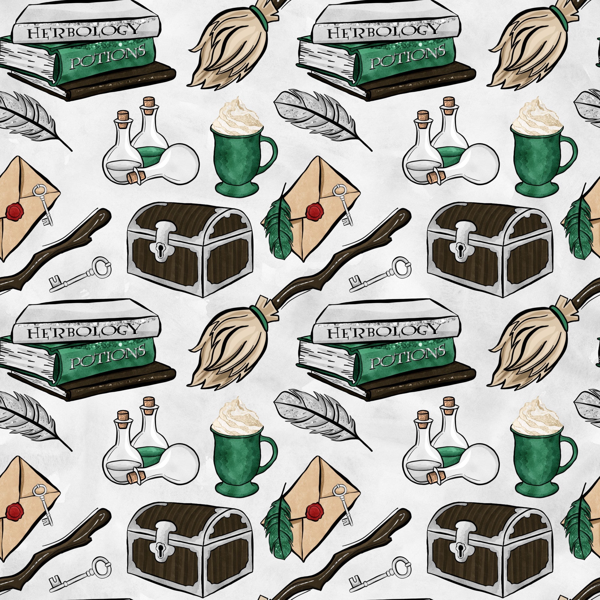 green, brown, beige, wizard pattern, magic school, herbology books, potions bottles, broomsticks, treasure chest, quill feathers, wax seal letters, cauldron mug, magical items, whimsical illustration, cartoon style,, fabric panel, wizard theme, school supplies, fantasy elements