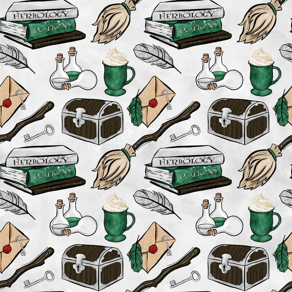 green, brown, beige, wizard pattern, magic school, herbology books, potions bottles, broomsticks, treasure chest, quill feathers, wax seal letters, cauldron mug, magical items, whimsical illustration, cartoon style,, fabric panel, wizard theme, school supplies, fantasy elements
