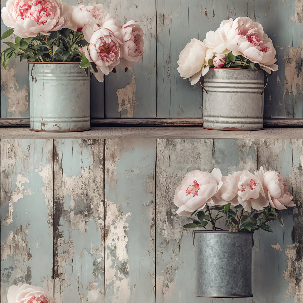 pink peonies, white flowers, galvanized buckets, rustic containers, weathered wood, peeling paint, shabby chic, vintage style, floral arrangement, soft pink, blush tones, farmhouse aesthetic,, fabric panel, botanical design, country style, distressed finish, romantic florals, pastel palette, cottage core