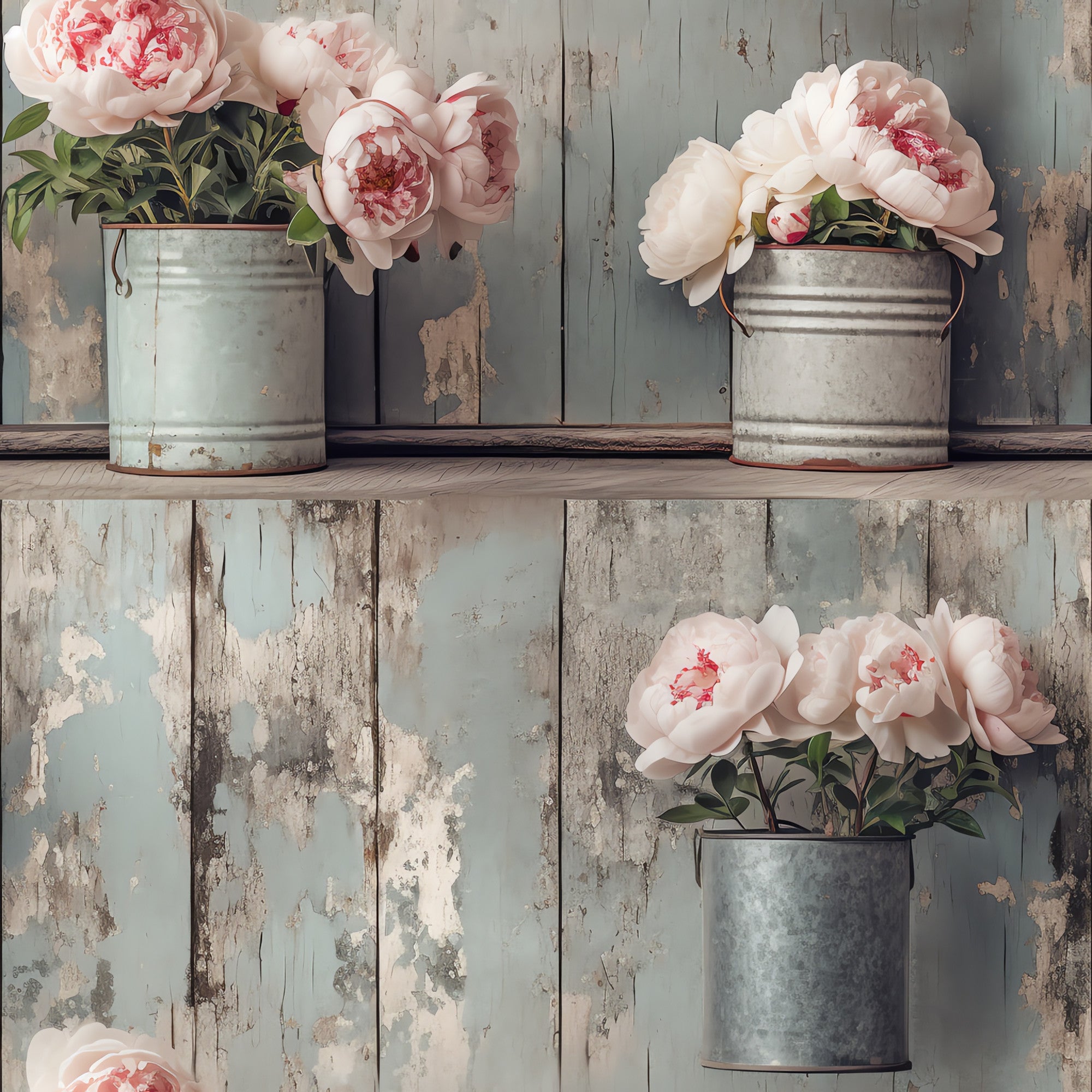 pink peonies, white flowers, galvanized buckets, rustic containers, weathered wood, peeling paint, shabby chic, vintage style, floral arrangement, soft pink, blush tones, farmhouse aesthetic,, fabric panel, botanical design, country style, distressed finish, romantic florals, pastel palette, cottage core