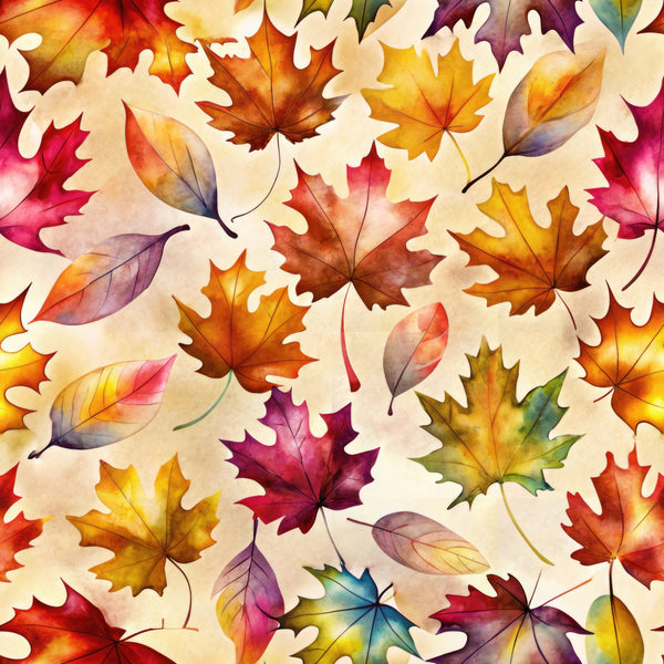 autumn leaves, fall colors, maple leaves, oak leaves, watercolor, crimson red, burnt orange, golden yellow, deep purple, mauve, coral, translucent, nature themed, seasonal, autumn themed, fall pattern, leaf motif, botanical, whimsical, artistic, painted effect, warm tones, multi-colored, children's design, kids room, playroom, nursery, cozy fall