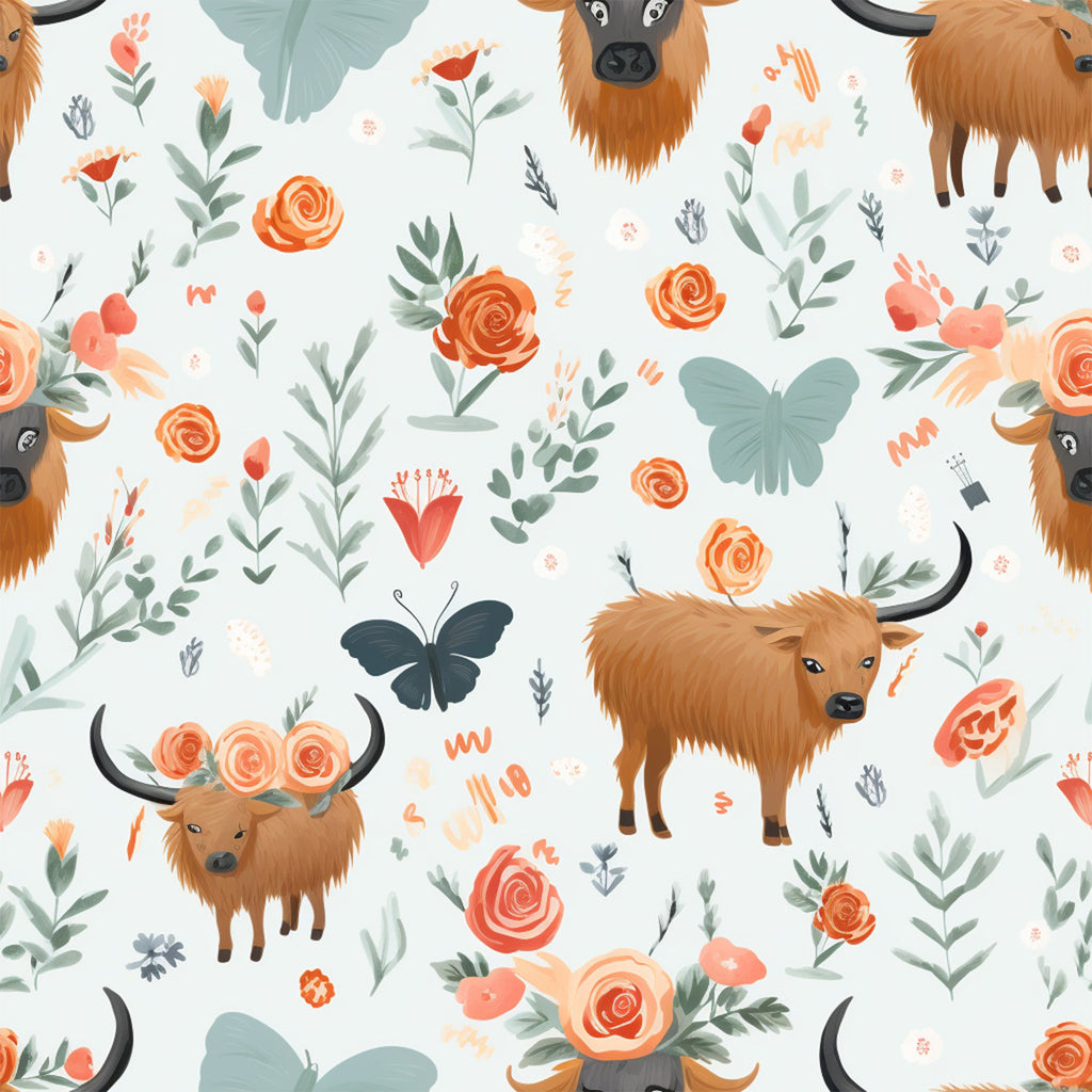 highland cows, orange roses, sage green, coral flowers, butterflies, floral pattern, handdrawn illustration, pastoral design,, fabric panel, botanical elements, leafy branches, whimsical style, nature motifs, farm animals, horned cattle, artistic rendering, soft pastels, country theme, repeating pattern