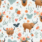 highland cows, orange roses, sage green, coral flowers, butterflies, floral pattern, handdrawn illustration, pastoral design,, fabric panel, botanical elements, leafy branches, whimsical style, nature motifs, farm animals, horned cattle, artistic rendering, soft pastels, country theme, repeating pattern