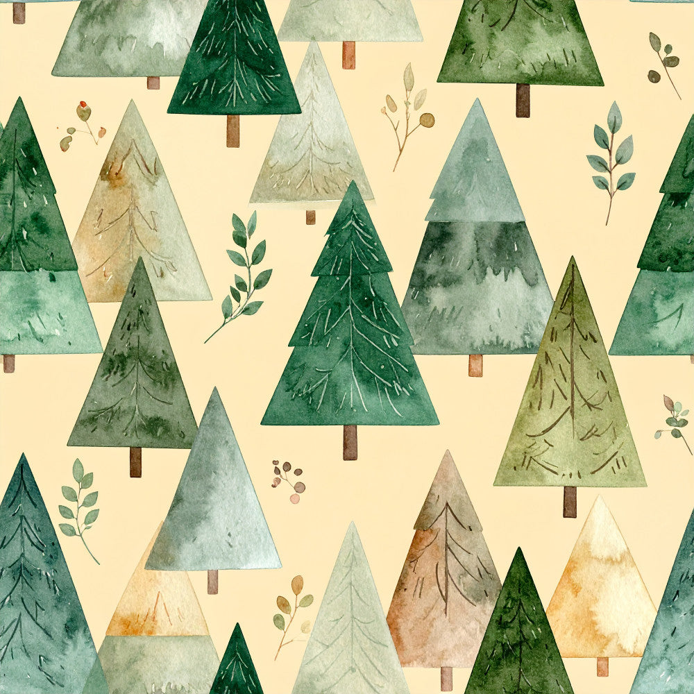 forest green, sage green, cream, beige, tan, watercolor trees, nature, woodland, pine trees, evergreen, botanical, leaves, branches, whimsical, rustic, peaceful, calming, winter, christmas, nursery, kids room, playroom, forest scene, soft aesthetic, nature themed, earth tones, muted colors, hand painted, illustrative style, cozy woodland