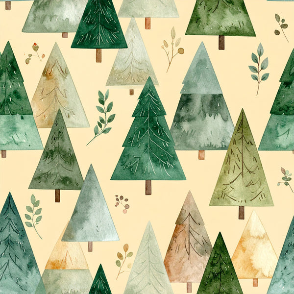 forest green, sage green, cream, beige, tan, watercolor trees, nature, woodland, pine trees, evergreen, botanical, leaves, branches, whimsical, rustic, peaceful, calming, winter, christmas, nursery, kids room, playroom, forest scene, soft aesthetic, nature themed, earth tones, muted colors, hand painted, illustrative style, cozy woodland