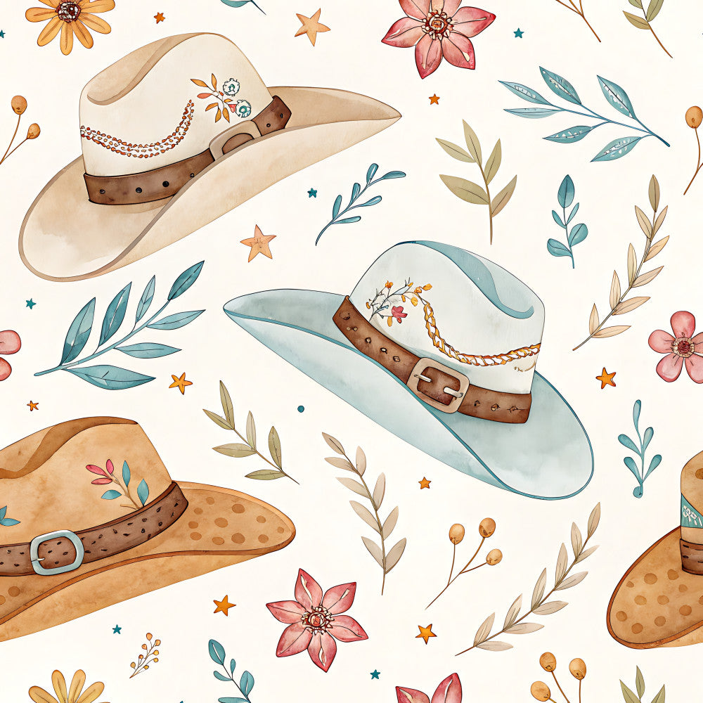 cream, tan, beige, dusty rose, coral pink, teal, sage green, burnt orange, cowboy hats, western, floral, botanical, stars, flowers, daisies, leaves, branches, rustic, whimsical, farmhouse, vintage, bohemian, nature, boho, kids room, playroom, nursery, spring, summer, western theme