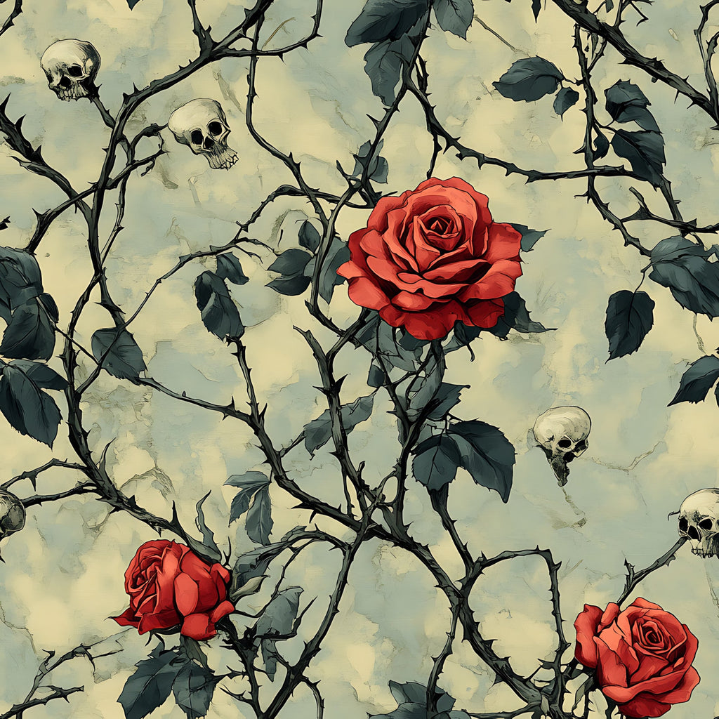 red roses, skulls, thorny vines, gothic pattern, cream background, green leaves, dark thorns, muted tones,, fabric panel, spooky motif, botanical skulls, rose brambles, vintage gothic, halloween theme, macabre floral, ivory base, deep red blooms, thorn branches, eerie garden