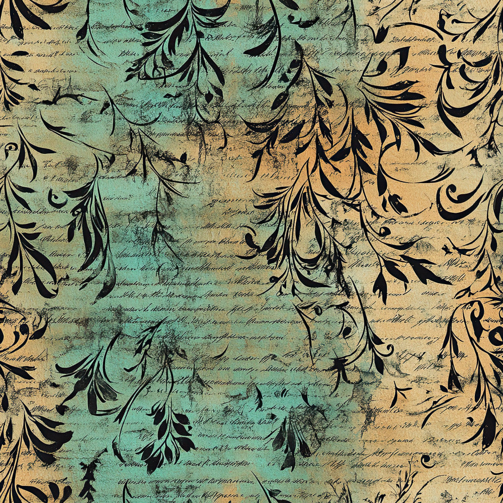 sage green, tan, cream, black, vintage, botanical, leaves, ornate, elegant, damask, script text, distressed, grunge, steampunk, gothic, antique, cursive, nature-inspired, moody, earthy tones, Victorian, literary, rustic elegant, dark academia, heritage, classic, traditional, timeless, sophisticated