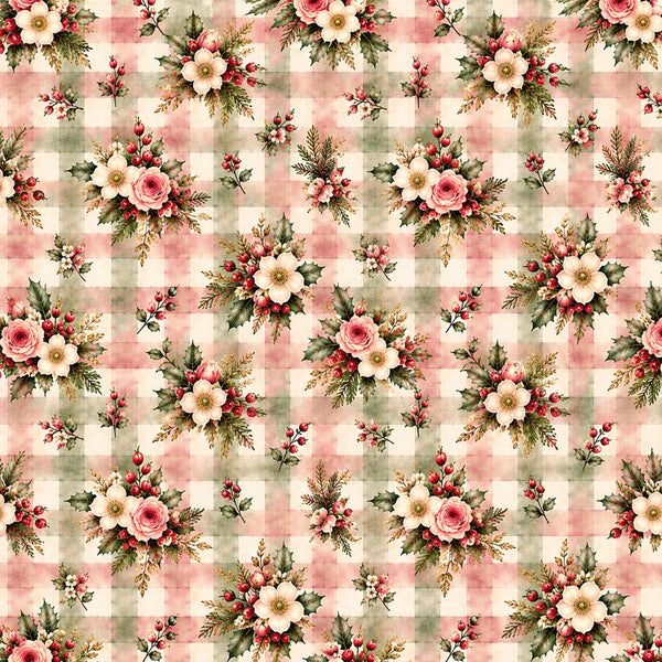 dusty rose, cream, sage green, soft pink, vintage floral, gingham check, plaid, roses, daisies, holly leaves, red berries, botanical, farmhouse, cottage core, traditional, elegant, romantic, christmas, holiday, winter, festive, nature inspired, garden floral, classic, timeless, rustic charm, heirloom, quilt inspired