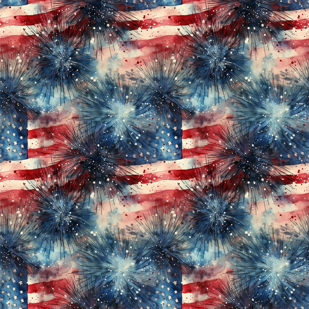 red white blue, patriotic, fireworks, stars, stripes, grunge, watercolor, distressed, fourth of july, americana,, fabric panel, explosive bursts, vintage style, weathered look, celebration, independence day, starburst pattern, textured design, repeating motif
