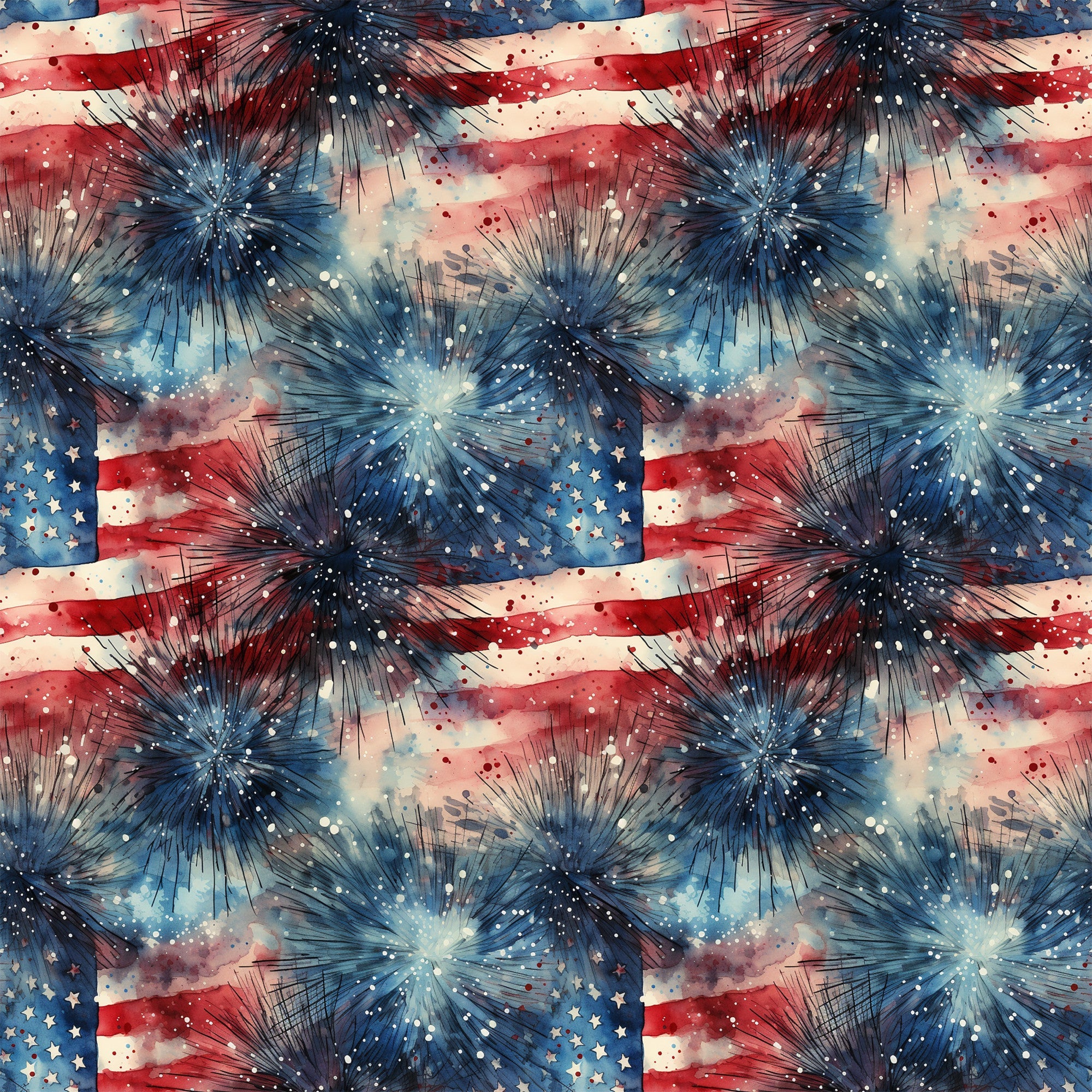 red white blue, patriotic, fireworks, stars, stripes, grunge, watercolor, distressed, fourth of july, americana,, fabric panel, explosive bursts, vintage style, weathered look, celebration, independence day, starburst pattern, textured design, repeating motif