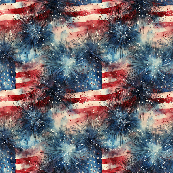red white blue, patriotic, fireworks, stars, stripes, grunge, watercolor, distressed, fourth of july, americana,, fabric panel, explosive bursts, vintage style, weathered look, celebration, independence day, starburst pattern, textured design, repeating motif