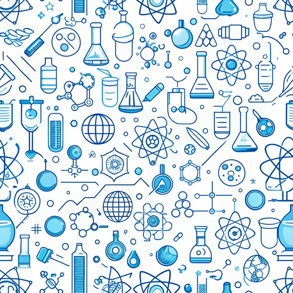 blue, white, science icons, laboratory equipment, beakers, flasks, molecular structures, atoms, test tubes, chemistry, back to school, educational theme, seamless pattern,, fabric panel, scientific instruments, geometric shapes, monochromatic, outline style, school supplies