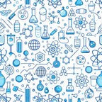 blue, white, science icons, laboratory equipment, beakers, flasks, molecular structures, atoms, test tubes, chemistry, back to school, educational theme, seamless pattern,, fabric panel, scientific instruments, geometric shapes, monochromatic, outline style, school supplies