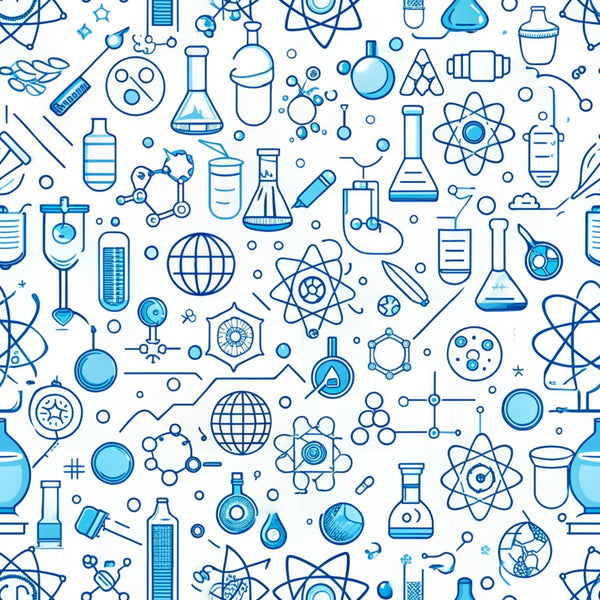 blue, white, science icons, laboratory equipment, beakers, flasks, molecular structures, atoms, test tubes, chemistry, back to school, educational theme, seamless pattern,, fabric panel, scientific instruments, geometric shapes, monochromatic, outline style, school supplies
