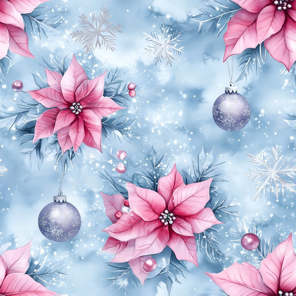 coral pink, dusty blue, light blue, silver, poinsettia, snowflakes, christmas, holiday, winter, elegant, whimsical, floral, botanical, ornaments, baubles, festive, seasonal, delicate, romantic, soft, nature-inspired, decorative flowers, winter florals, sparkly, snowy, frosted, pretty petals, celebration, december, yuletide