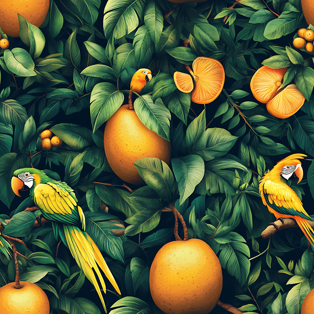 tropical pattern, mango fruits, colorful parrots, macaw birds, lush foliage, green leaves, orange yellow, vibrant colors, jungle theme, exotic birds, botanical design,, fabric panel, tropical paradise, rainforest motif, nature scene, wildlife pattern, bright artwork, seamless repeat, tropical vibes