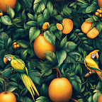 tropical pattern, mango fruits, colorful parrots, macaw birds, lush foliage, green leaves, orange yellow, vibrant colors, jungle theme, exotic birds, botanical design,, fabric panel, tropical paradise, rainforest motif, nature scene, wildlife pattern, bright artwork, seamless repeat, tropical vibes