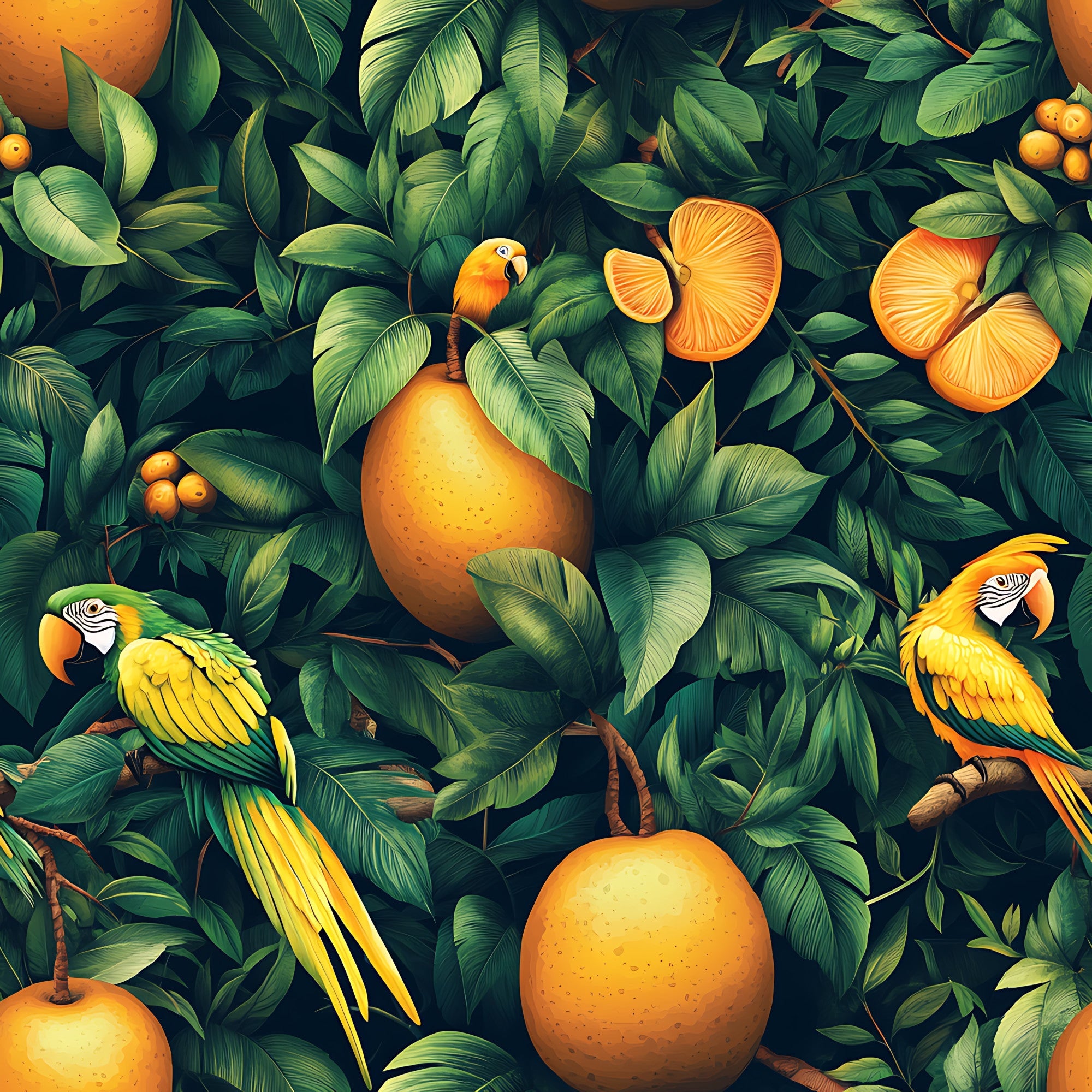 tropical pattern, mango fruits, colorful parrots, macaw birds, lush foliage, green leaves, orange yellow, vibrant colors, jungle theme, exotic birds, botanical design,, fabric panel, tropical paradise, rainforest motif, nature scene, wildlife pattern, bright artwork, seamless repeat, tropical vibes