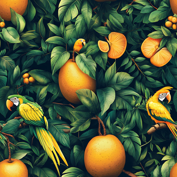 tropical pattern, mango fruits, colorful parrots, macaw birds, lush foliage, green leaves, orange yellow, vibrant colors, jungle theme, exotic birds, botanical design,, fabric panel, tropical paradise, rainforest motif, nature scene, wildlife pattern, bright artwork, seamless repeat, tropical vibes