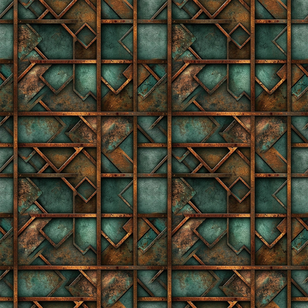 teal, copper, rust, patina, geometric squares, metallic texture, weathered metal, oxidized finish, industrial pattern, angular shapes, vintage patina, steampunk aesthetic,, fabric panel, geometric design, distressed metal, verdigris, bronze tones, abstract squares, aged copper