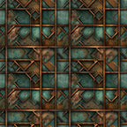 teal, copper, rust, patina, geometric squares, metallic texture, weathered metal, oxidized finish, industrial pattern, angular shapes, vintage patina, steampunk aesthetic,, fabric panel, geometric design, distressed metal, verdigris, bronze tones, abstract squares, aged copper