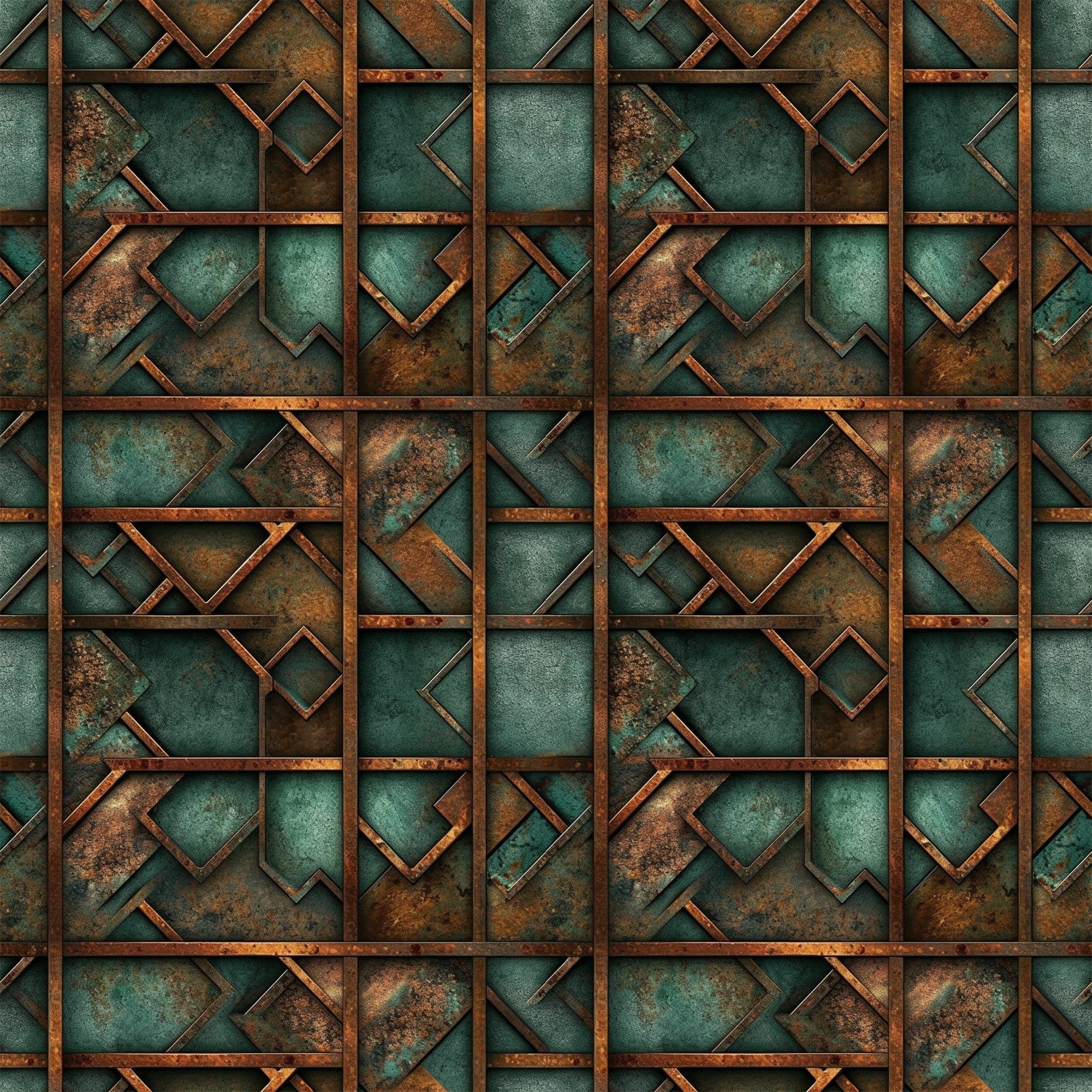 teal, copper, rust, patina, geometric squares, metallic texture, weathered metal, oxidized finish, industrial pattern, angular shapes, vintage patina, steampunk aesthetic,, fabric panel, geometric design, distressed metal, verdigris, bronze tones, abstract squares, aged copper