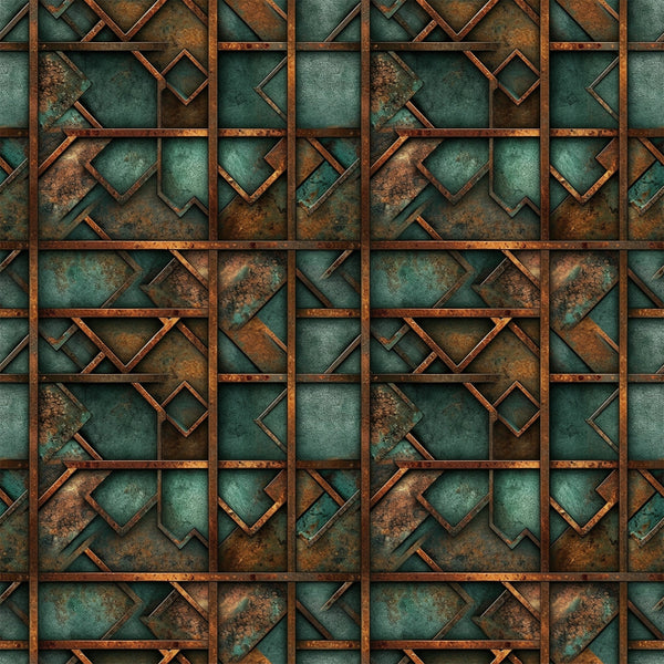 teal, copper, rust, patina, geometric squares, metallic texture, weathered metal, oxidized finish, industrial pattern, angular shapes, vintage patina, steampunk aesthetic,, fabric panel, geometric design, distressed metal, verdigris, bronze tones, abstract squares, aged copper