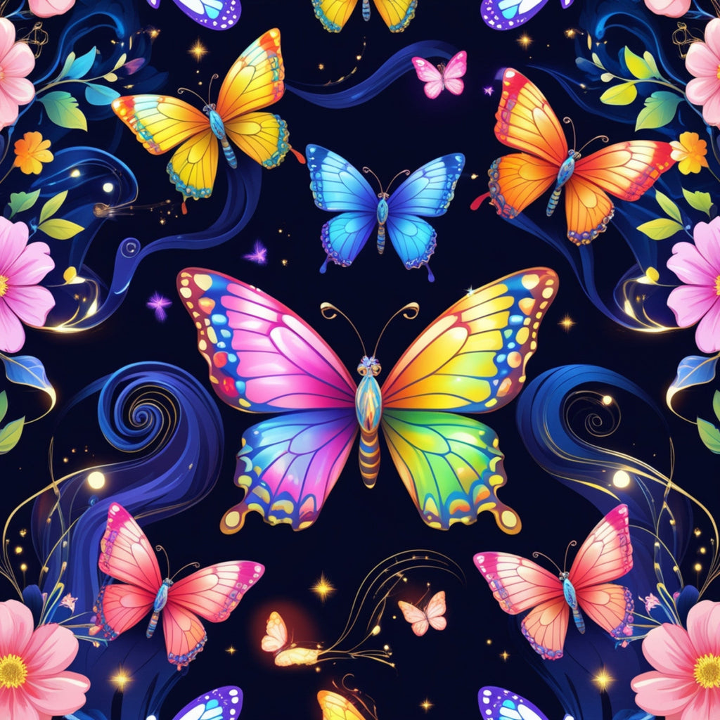 fantasy butterflies,, fabric panel, vibrant colors, rainbow wings, magical design, whimsical pattern, pink flowers, blue swirls, yellow butterfly, orange wings, purple butterfly, floral elements, sparkling stars, enchanted garden, colorful insects, nature motif, bright hues, decorative swirls, mystical theme