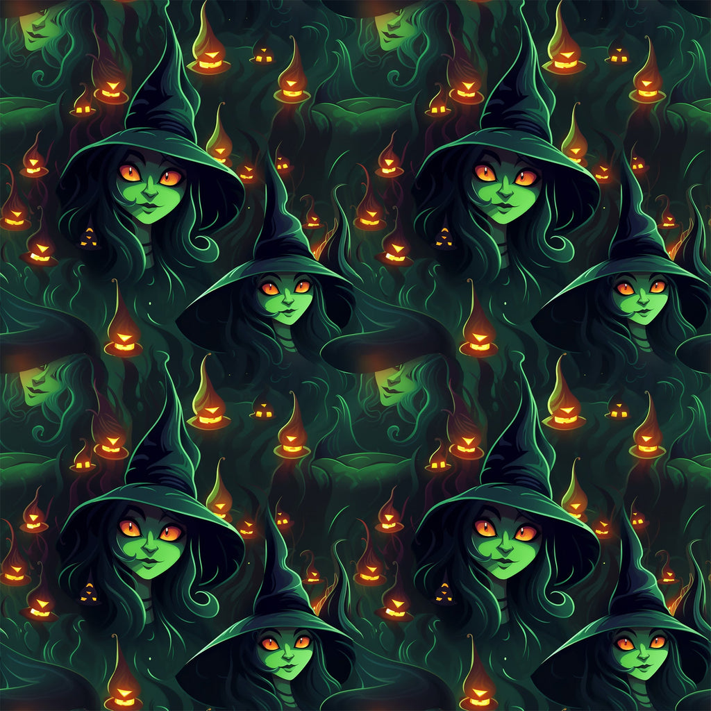 witch, halloween, green skin, orange eyes, pointed hat, jack-o'-lantern, pumpkin, spooky, dark green, orange glow, hooded figure, seamless pattern,, fabric panel, supernatural, eerie atmosphere, autumn theme, occult, mystical, horror motif