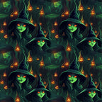 witch, halloween, green skin, orange eyes, pointed hat, jack-o'-lantern, pumpkin, spooky, dark green, orange glow, hooded figure, seamless pattern,, fabric panel, supernatural, eerie atmosphere, autumn theme, occult, mystical, horror motif