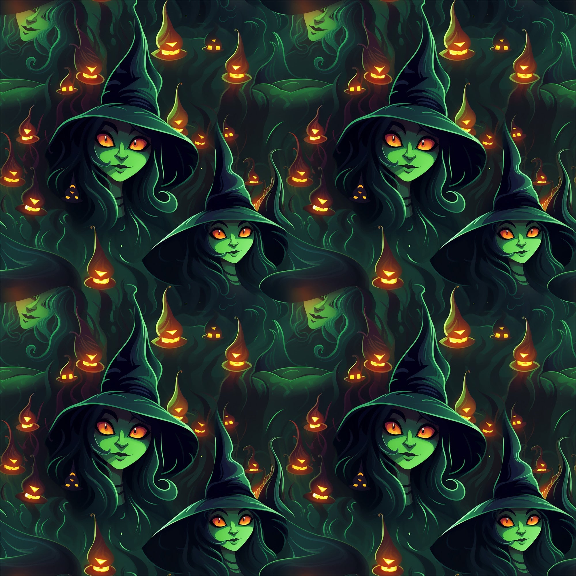 witch, halloween, green skin, orange eyes, pointed hat, jack-o'-lantern, pumpkin, spooky, dark green, orange glow, hooded figure, seamless pattern,, fabric panel, supernatural, eerie atmosphere, autumn theme, occult, mystical, horror motif