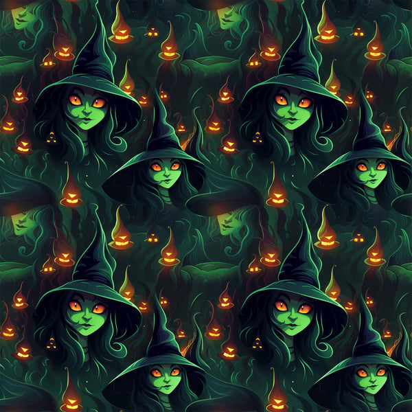witch, halloween, green skin, orange eyes, pointed hat, jack-o'-lantern, pumpkin, spooky, dark green, orange glow, hooded figure, seamless pattern,, fabric panel, supernatural, eerie atmosphere, autumn theme, occult, mystical, horror motif