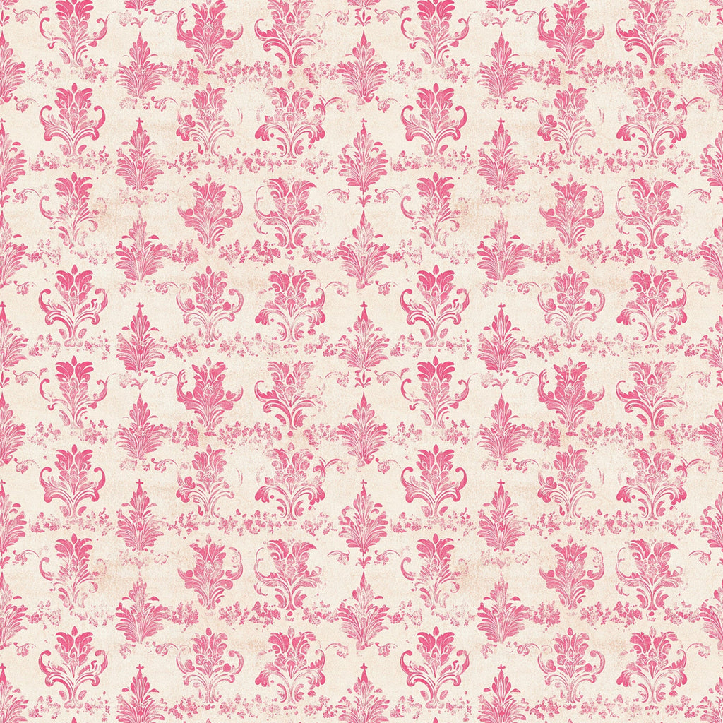 vintage pink, damask pattern, ornate florals, baroque design, cream background, rose pink, decorative motifs, scrollwork, elegant swirls,, fabric panel, romantic style, floral damask, ornamental design, soft pink tones, repeating pattern, intricate details, feminine aesthetic, vintage wallpaper style, decorative flourishes