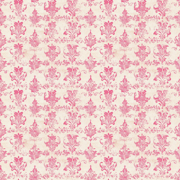 vintage pink, damask pattern, ornate florals, baroque design, cream background, rose pink, decorative motifs, scrollwork, elegant swirls,, fabric panel, romantic style, floral damask, ornamental design, soft pink tones, repeating pattern, intricate details, feminine aesthetic, vintage wallpaper style, decorative flourishes