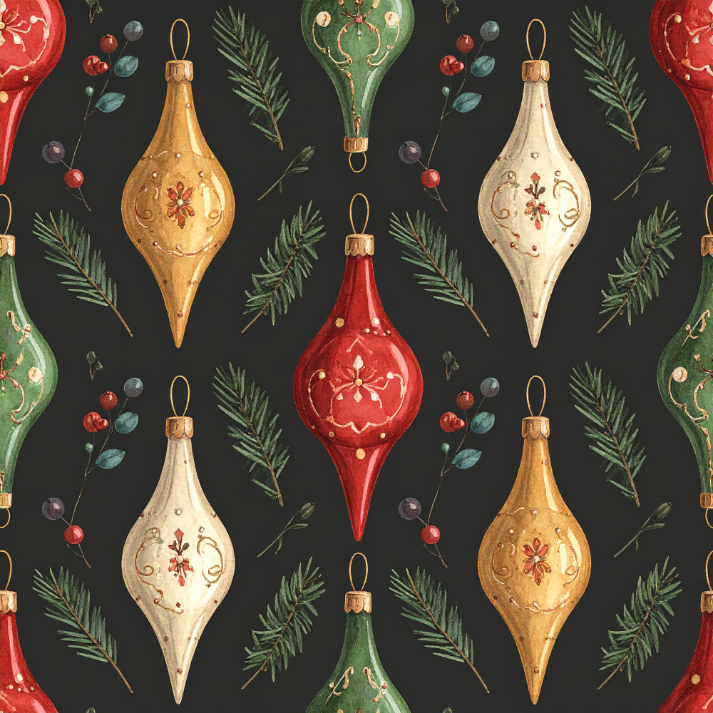 gold ornaments, red ornaments, cream ornaments, green ornaments, evergreen branches, berries, christmas, holiday, vintage christmas, elegant, traditional, festive, winter, metallic gold, deep red, forest green, cream, dark charcoal background, decorative ornaments, victorian style, classic christmas, botanical, pine branches, ornament design, luxury holiday, nostalgic, timeless, christmas decor
