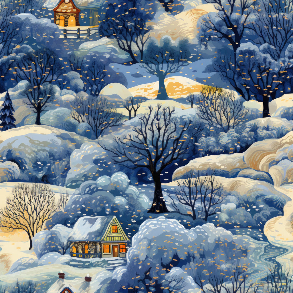 winter scene, snow-covered landscape, cozy cottages, bare trees, falling snow, dawn light, blue tones, orange glow,, fabric panel, whimsical houses, snowy hills, winter morning, illuminated windows, peaceful setting, stylized illustration, cold season, frosty atmosphere, cottage lights, winter wonderland