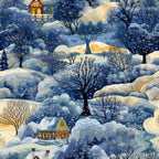 winter scene, snow-covered landscape, cozy cottages, bare trees, falling snow, dawn light, blue tones, orange glow,, fabric panel, whimsical houses, snowy hills, winter morning, illuminated windows, peaceful setting, stylized illustration, cold season, frosty atmosphere, cottage lights, winter wonderland