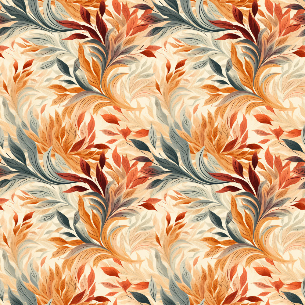 autumn leaves, burnt orange, cream, dark teal, fall foliage, flowing leaves, golden orange, hand-painted style, leaf motifs, nature-inspired, orange, peachy tones, red leaves, rustic, seasonal, swirling leaves, warm tones, watercolor effect, autumn, botanical, fall, nature, elegant, organic, transitional style, cream background, rust, terracotta