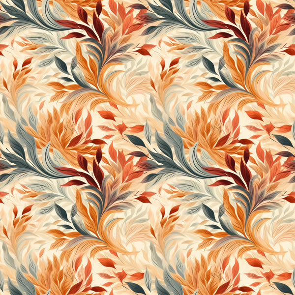 autumn leaves, burnt orange, cream, dark teal, fall foliage, flowing leaves, golden orange, hand-painted style, leaf motifs, nature-inspired, orange, peachy tones, red leaves, rustic, seasonal, swirling leaves, warm tones, watercolor effect, autumn, botanical, fall, nature, elegant, organic, transitional style, cream background, rust, terracotta