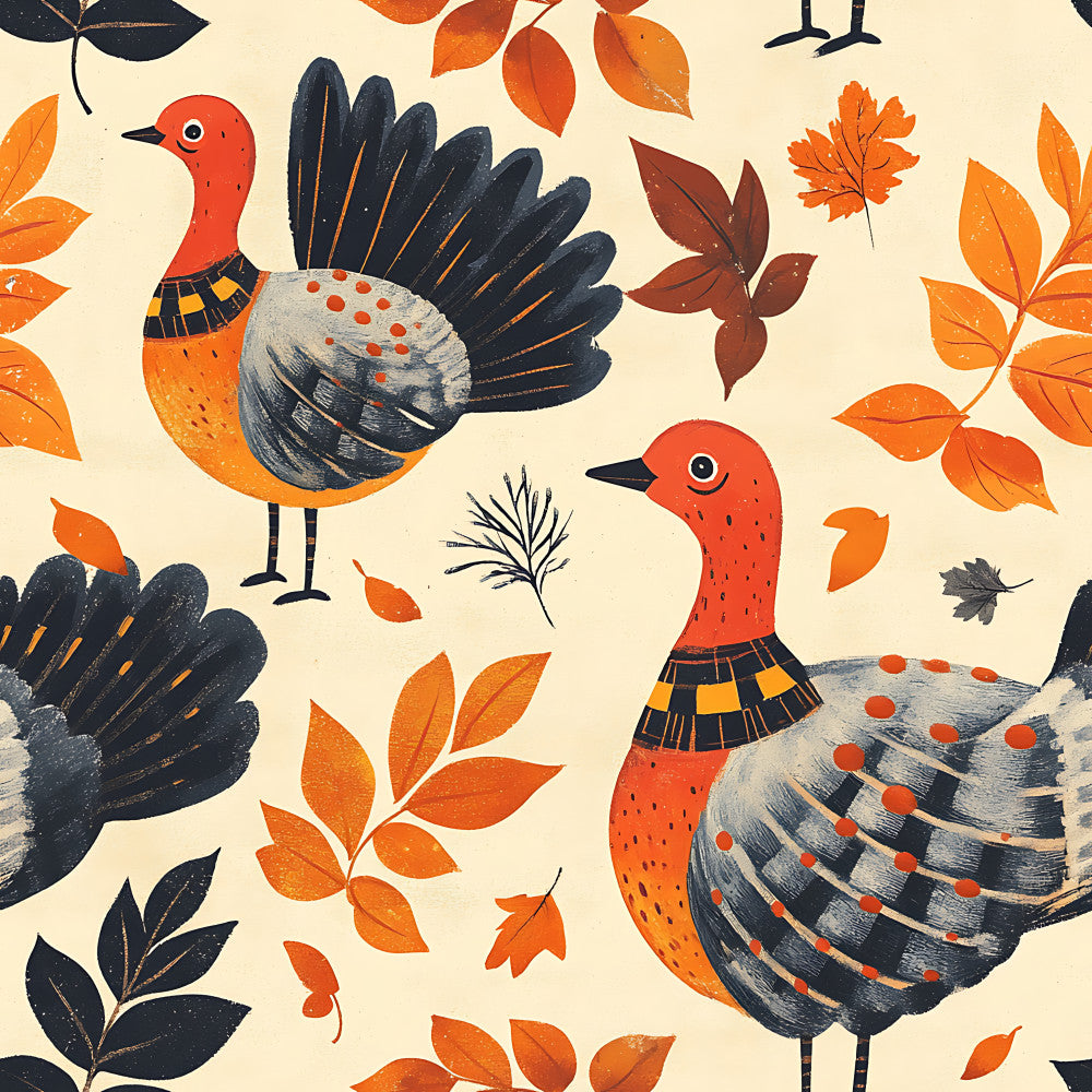 autumn birds, fall foliage, cream background, navy blue, burnt orange, rust red, orange leaves, nature-inspired, whimsical, woodland, seasonal, harvest theme, decorative birds, leaf patterns, playroom, kids room, modern folk art, vintage illustration, rustic charm, patterned leaves, animal motifs, fall colors, orange and navy, children's fabric, nature theme, illustrative style, autumn aesthetic, gamebirds, seasonal decor