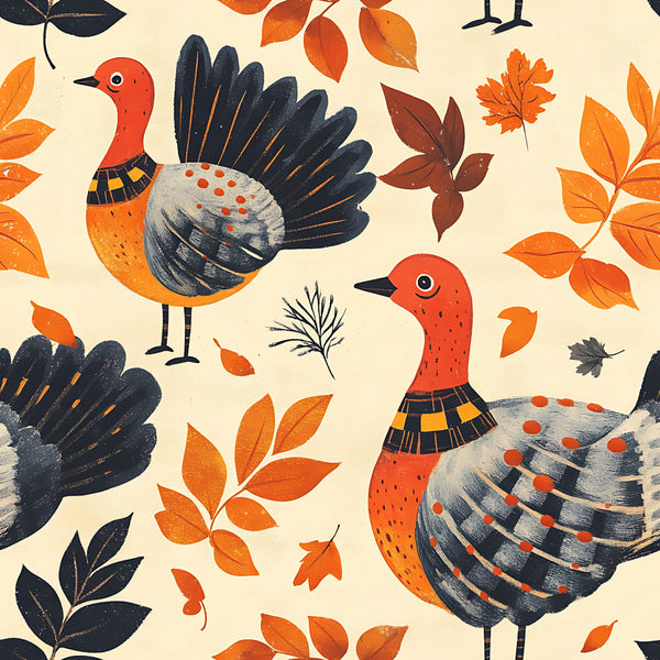 autumn birds, fall foliage, cream background, navy blue, burnt orange, rust red, orange leaves, nature-inspired, whimsical, woodland, seasonal, harvest theme, decorative birds, leaf patterns, playroom, kids room, modern folk art, vintage illustration, rustic charm, patterned leaves, animal motifs, fall colors, orange and navy, children's fabric, nature theme, illustrative style, autumn aesthetic, gamebirds, seasonal decor