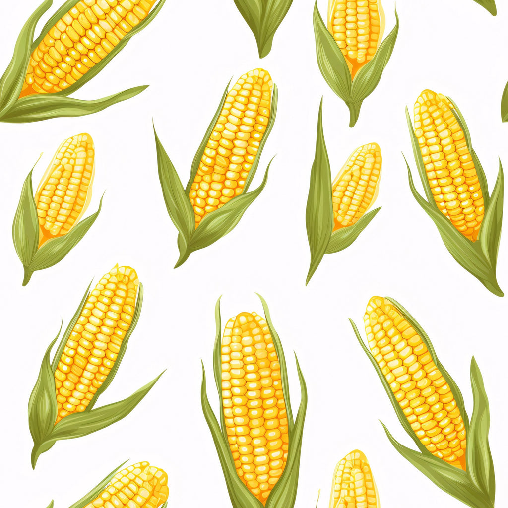 yellow corn, golden kernels, green husks, corn cobs, vegetable pattern, harvest theme, farm produce, botanical illustration, scattered layout, bright yellow, olive green,, fabric panel, food motif, agricultural design, summer vegetables, realistic style, repeating pattern, corn stalks, garden vegetables