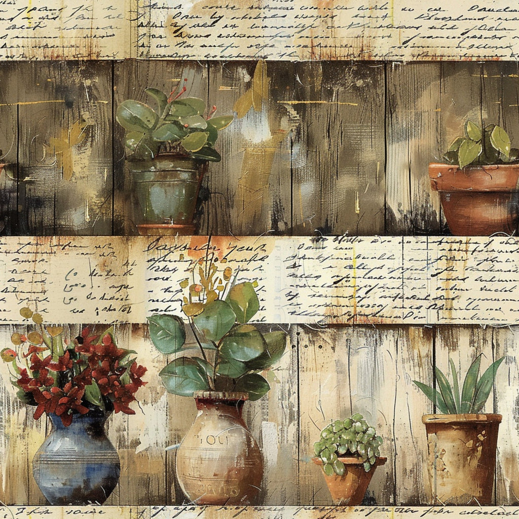 farm life, potted plants, wooden shelves, weathered wood, green foliage, terracotta pots, blue pottery, handwritten script, rustic style, garden scene, botanical elements, aged paper, vintage aesthetic,, fabric panel, earthy tones, brown wood grain, plant containers, country living, pastoral theme
