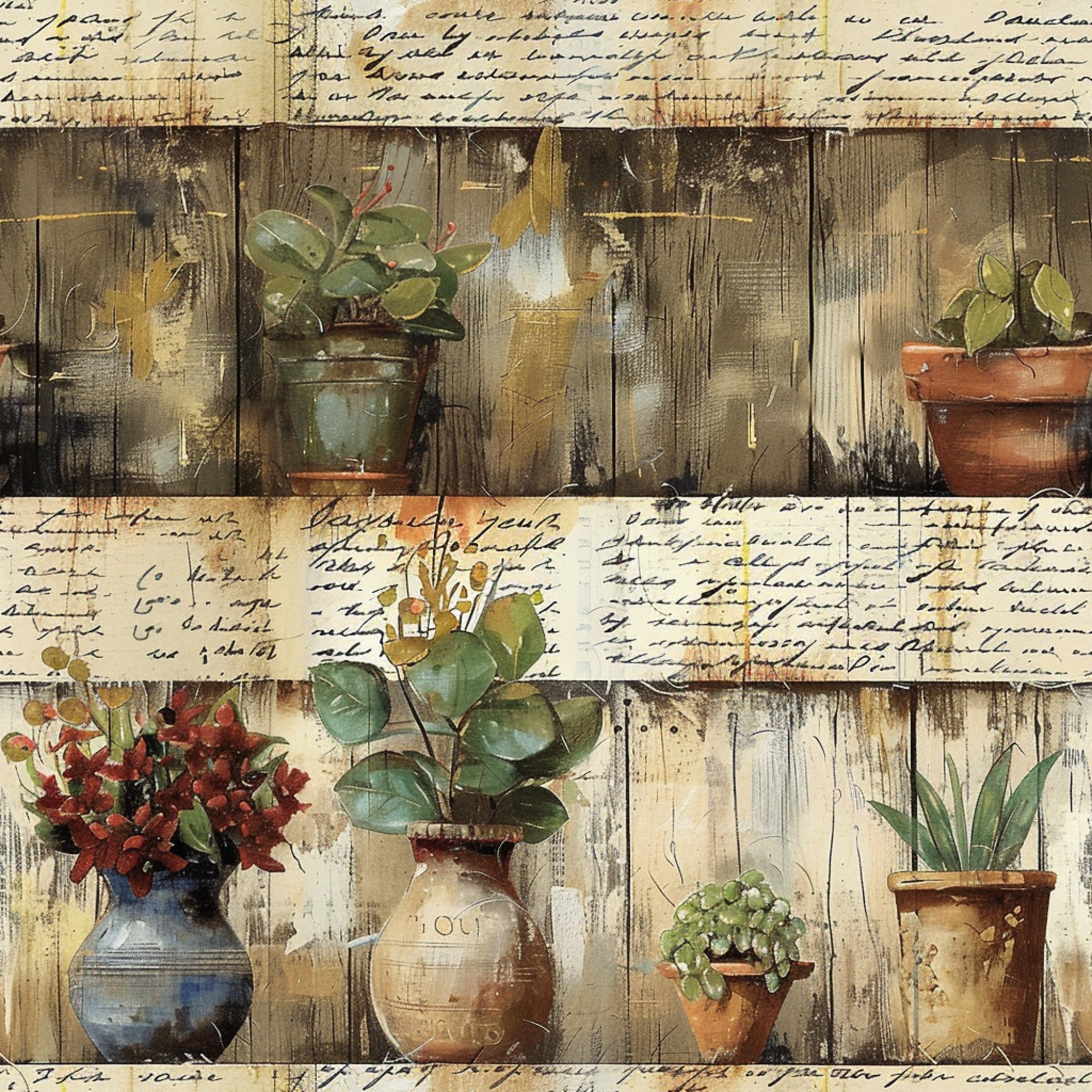 farm life, potted plants, wooden shelves, weathered wood, green foliage, terracotta pots, blue pottery, handwritten script, rustic style, garden scene, botanical elements, aged paper, vintage aesthetic,, fabric panel, earthy tones, brown wood grain, plant containers, country living, pastoral theme