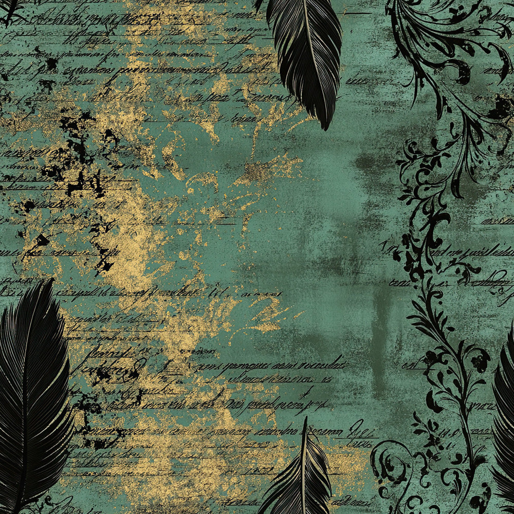 teal, sage green, gold, vintage, feathers, ornamental, baroque, damask, distressed, grunge, elegant, gothic, steampunk, nature, botanical, cursive script, antique, weathered, luxury, romantic, victorian, black feathers, metallic gold, parchment, literary, dark academia, moody, sophisticated, journal inspired