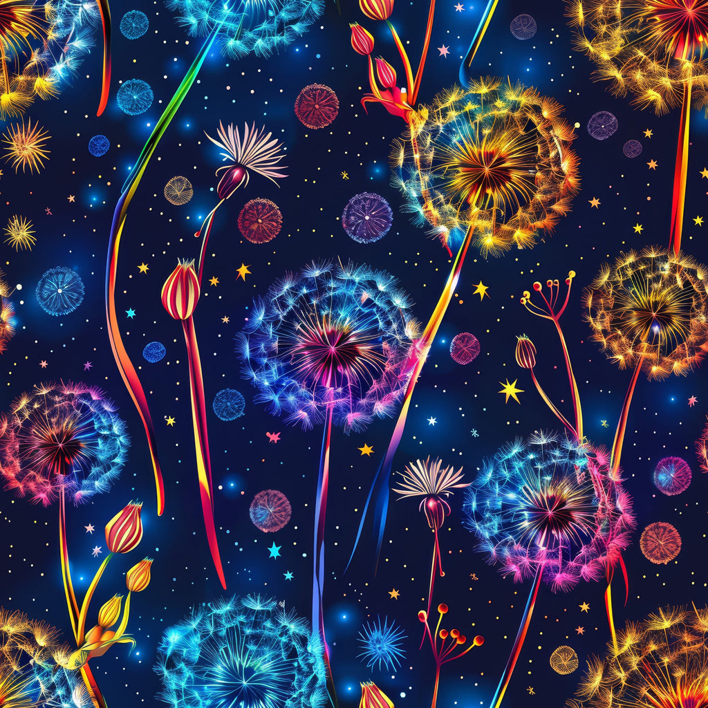 midnight blue, dandelion seeds, fireworks, golden yellow, electric blue, coral pink, starry night, botanical pattern, whimsical design,, fabric panel, celestial theme, flowing seeds, bright bursts, decorative florals, fantasy garden, luminous effects, night sky, scattered stars, magical blooms